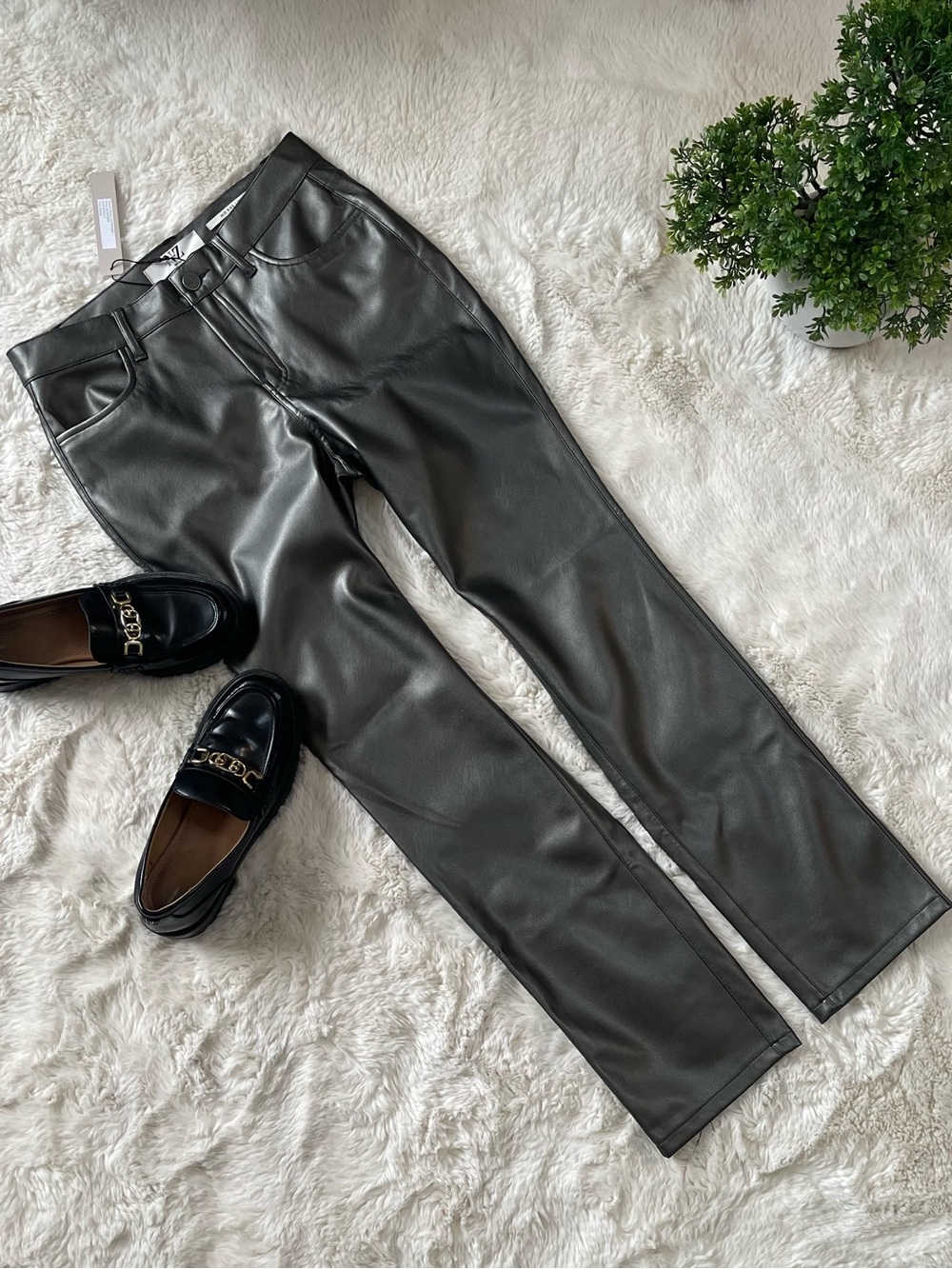 NWT NIC+ZOE Metallic Faux Leather Straight Pants Bronze 27